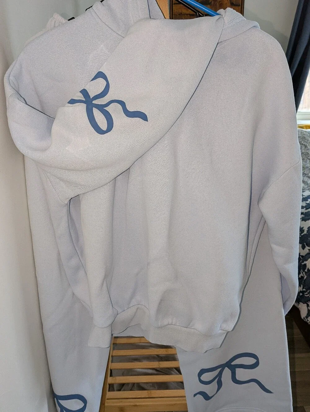 Edickted Light Blue Hooded Sweatshirt with Blue Ribbon Accents, Set Sz S